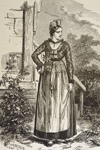 Saksa (19. vuosisata). Yhteiskunta (1879). Alsace. Alueen naiset. Juuri nyt Elsassissa oli Saksan valtakunnansääty (1871-1918). Kaiverrus. Yksityiskokoelma tekijältä Artist Unknown