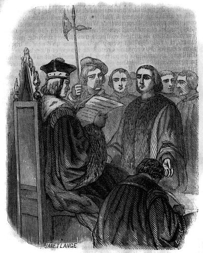 Tuomio Jacques Coeurille, ranskalaiselle liikemiehelle, joka pidätettiin väärinkäytöksistä vuonna 1451, tuomittiin vankilaan ja hänen omaisuutensa takavarikoitiin. tekijältä Artist Unknown