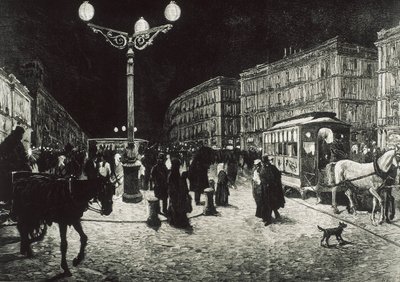 Madrid (1878). Puerta del Sol valaistuna sähkövalolla. Kuva Pellicerin piirroksen mukaan "La Ilsutracion Espanola y Americana" -lehteen. Etsaus. tekijältä Artist Unknown