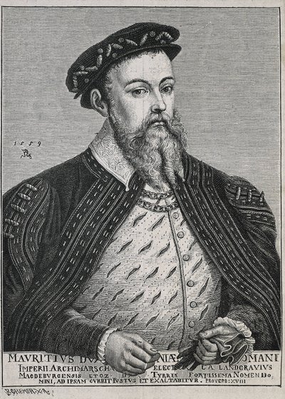 Maurice Saksalainen (1521-1553). Saksin herttua (1541-47) ja myöhemmin vaaliruhtinas (1547-53). Protestantti vuodesta 1539 alkaen. Muotokuva perustuu Lucas Cranachin maalaukseen. Kaiverrus tekijältä Artist Unknown
