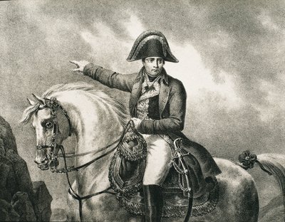 NAPOLEON I Bonaparte (1769-1821). Ranskalainen sotilas ja poliitikko, Ranskan keisari (1804-1815). Yksityiskohta Napoleonin ratsastajamuotokuvasta, joka perustuu Joseph Chabordin alkuperäiseen muotokuvaan. Kaiverrus tekijältä Artist Unknown