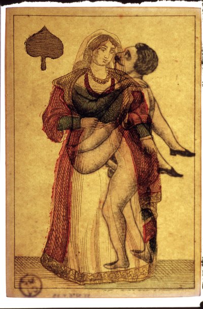 Vanhat pelikortit: eroottinen kohtaus. Musée de la Carte à Plouer, Issy-les-Moulineaux. tekijältä Artist Unknown