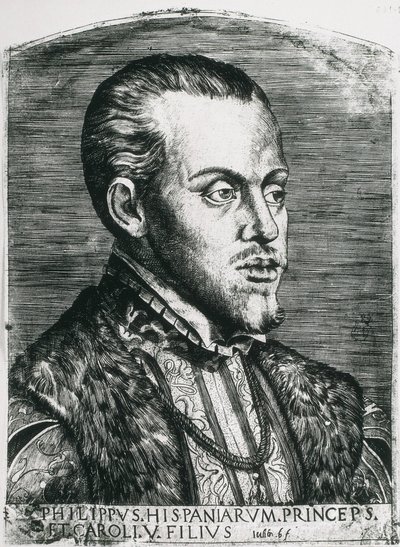 Espanjan Filip II (1527-1598). Espanjan (1556-1598) ja Portugalin (1580-1598) kuningas. Muotokuva Filipistä vielä prinssinä. Ksylografia. tekijältä Artist Unknown