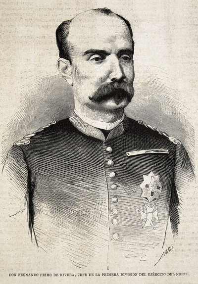 PRIMO DE RIVERA, Fernando (1831-1921). Espanjalainen sotilas ja poliitikko. Fernando Primo de Rivera, joka taisteli kolmannessa karlistisodassa. Kaiverrus. tekijältä Artist Unknown