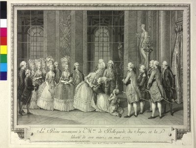 Kuningatar Marie Antoinette ilmoittaa Madame de Bellegardelle 1777 puolisonsa vapauttamisesta. tekijältä Artist Unknown