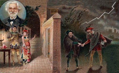 Rigoletto käyttää Sparafucilea herttuan murhaamiseen - 3. näytöksen kohtaus 4 Giuseppe Verdin oopperasta Rigoletto. tekijältä Artist Unknown