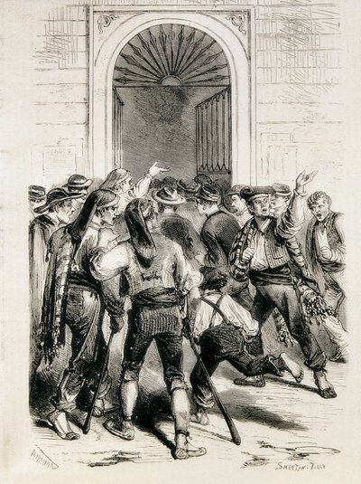 Espanja (1873). Ensimmäisen tasavallan julistaminen ja Barcelonan kaupungintalon rynnäkkö (11. helmikuuta 1873). Etsaus. tekijältä Artist Unknown