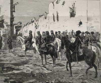 Espanja. Ensimmäinen tasavalta (1873-1874). Cartagenan kantoni. Kenraali Jose Lopez Dominguez Cartagenassa kantonistien antautumisen jälkeen. Kuva julkaistu julkaisussa "La Ilustracion Espanola y Americana". Etsaus. tekijältä Artist Unknown