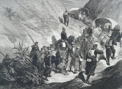 Espanja. Kolmas karlistien sota. Karlistivangit kävelevät vuorten poikki Empordassa (Katalonia). Kaiverrus. tekijältä Artist Unknown