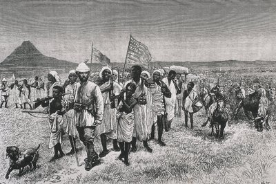 Stanley, Sir Henry Morton (1841-1904). "Through the Ounyoro", kuvitus teoksen "Through the Dark Continent" ranskalaiseen painokseen. Etsaus. RANSKA. ILE-DE-FRANCE. Pariisi. Taidekoristeiden kirjasto tekijältä Artist Unknown