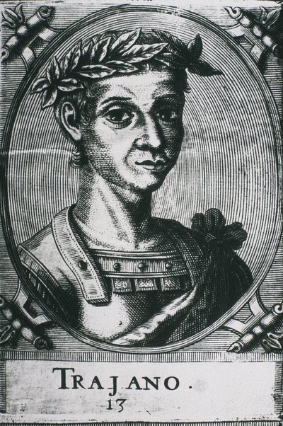 TRAJAN, Marcus Ulpius Traianus (53-117). Trajanuksen muotokuva laakerinlehtien kanssa. Yksityiskohta alkuperäisestä kaiverruksesta. Kaiverrus. tekijältä Artist Unknown