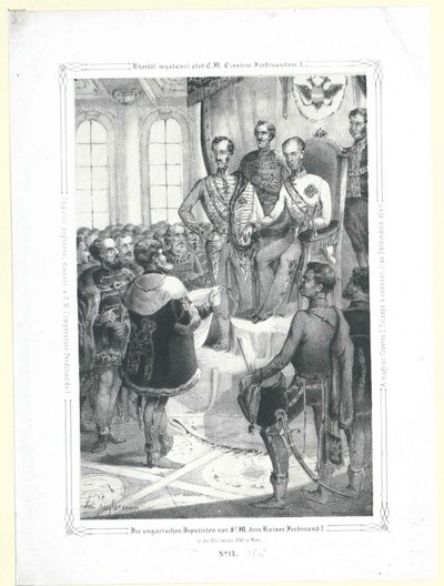 Unkarilaiset edustavat keisari Ferdinand I:tä Sir M.:n edessä maaliskuussa 1848. tekijältä Artist Unknown
