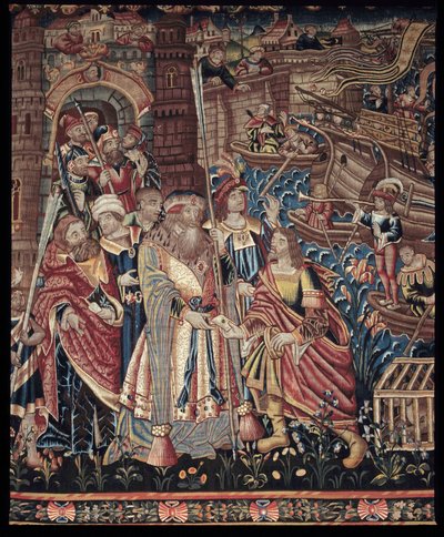 Portugalilainen merenkulkija Vasco de Gama (1459-1524) saapui Intian Calicutiin vuonna 1498, yksityiskohta, kuvakudos. tekijältä Artist Unknown