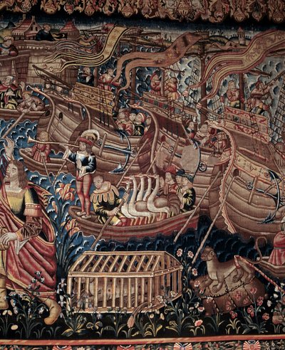 Portugalilainen merenkulkija Vasco de Gama (1459-1524) saapui Intian Calicutiin vuonna 1498, yksityiskohta, kuvakudos. tekijältä Artist Unknown