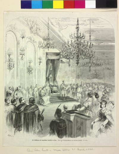 Unkarin Landtagin perustaminen Budassa 6. huhtikuuta 1861 kreivi George Apponyin toimesta. tekijältä Artist Unknown
