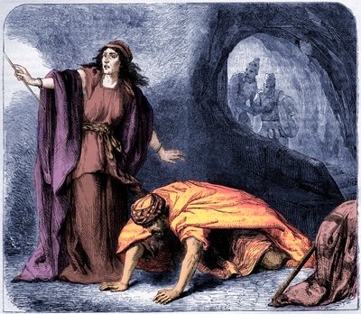 Samuelin herättäminen Endorin noidan toimesta - Raamattu (painettu) tekijältä Artist Unknown