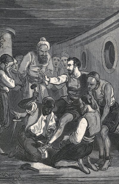Trinidadilaiset Fray Juan Gil ja Fray Anton de la Bella vapauttivat Cervantesin vankeudesta Algerissa vuonna 1580 (kaiverrus). tekijältä Artist Unknown