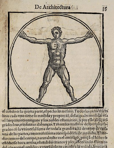 VITRUVIUS, Marcus Vitrubius Pollio (1. vuosisata eKr.). "De Architectura" (Arkkitehtuurista), jonka Miguel de Urrea on kääntänyt espanjaksi. Toimittanut Alcala de Henaresissa Juan Gracian (1582). Sivun 35 kuvitus, jossa on ihmiskehon kaanon. Ksylografia tekijältä Artist Unknown