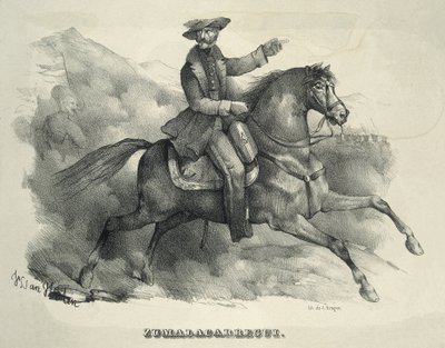 ZUMALACARREGUI, Tomas (1788-1835). Karlistien kenraali. Espanja. Ensimmäinen karlistisota. Zumalacarregui ratsastaa hevosen selässä. Kaiverrus. tekijältä Artist Unknown