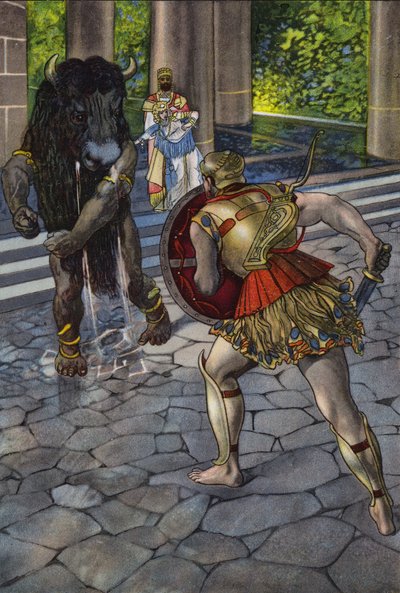 Herakles kohtaa Minotauroksen (väri litho) tekijältä Artus Scheiner