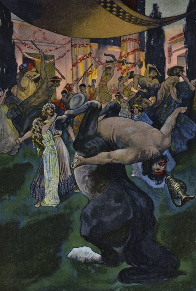 Satyyrit häiritsevät Orpheuksen ja Eurydiken hääjuhlaa, kohtaus elokuvasta Orpheus in the Underworld (värilitho) tekijältä Artus Scheiner