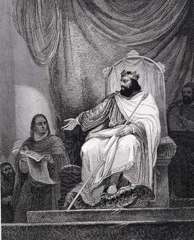Charlemagne (742-814) antoi Herstalin kapitulaarin vuonna 779, kaivertanut Leclerc (kaiverrus) tekijältä Ary (after) Scheffer