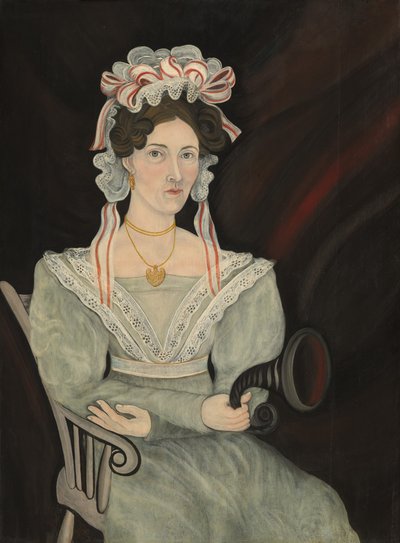 Mahdollisesti rouva William Sheldon, noin 1831 (öljy puulle). tekijältä Asahel L. Powers