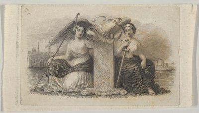 Setelivinjetti, jossa naishahmot edustavat Liberty and Justicea, n. 1824-37. tekijältä Asher Brown Durand.