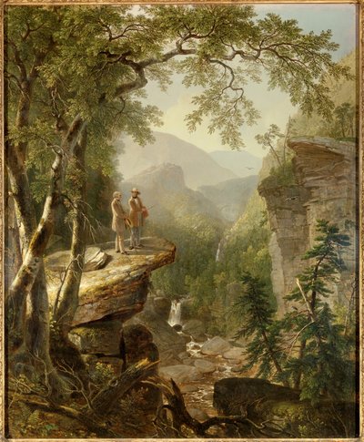 Hengen veljeskunta Taidemaalari Thomas Cole (1801-1848) ja runoilija William Cullen Bryant (1794-1878) ovat vuorovaikutuksessa romanttisessa maisemassa. Asher Durandin (1796-1886) maalaus 1849 Yksityinen kokoelma - Kindred Spirits. Hudson-joen suuri taitei tekijältä Asher Brown Durand