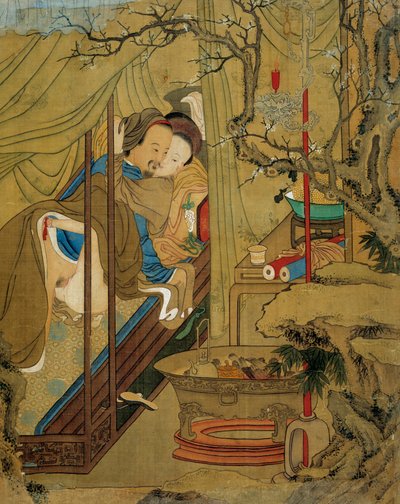 Aasialainen taide: eroottinen kohtaus. Pari rakkauden aikana sängyssä. Maalaus silkille 1700-luvulta. Yksityinen kokoelma tekijältä Asian School