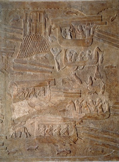 Taide Mesopotamia (Assyria): Assyrian kuninkaan Sargon II:n (721 - 705 eKr.) palatsin piha, setripuun kuljetus Libanonista. Pariisi, Musee du Louvre tekijältä Assyrian