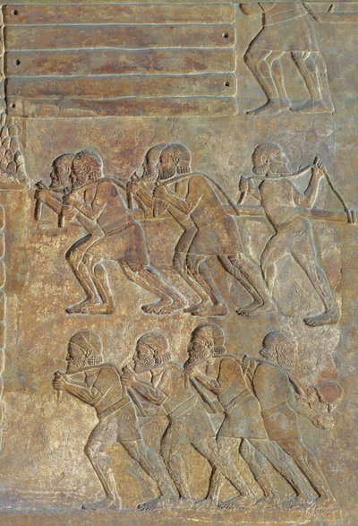 Yksityiskohta kohokuviosta, joka kuvaa puun keräämistä rantaan ennen merikuljetusta, Sargon II:n palatsista, Khorsabadista, Irakista tekijältä Assyrian