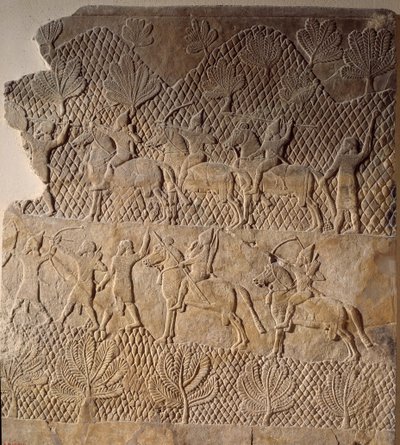 Antiikin itämainen taide: taistelukohtaus. Assurbanipal-palatsin matala kohokuvio, Assyria (7. vuosisadalla eKr.). Pariisi, Musee du Louvre tekijältä Assyrian