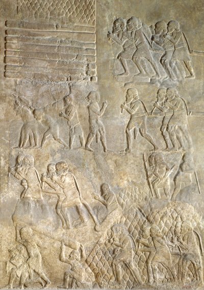 Reliefi, joka kuvaa kantajia, jotka tuovat puuta rannikolle merikuljetukseen. Sargon II:n palatsista, Khorsabadista, Irakista tekijältä Assyrian