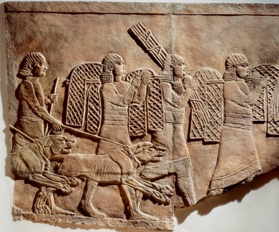 Ashurbanipal-metsästys, Niniven kuninkaallisista palatseista, n. 645 eKr. (kivi basreliefi) tekijältä Assyrian