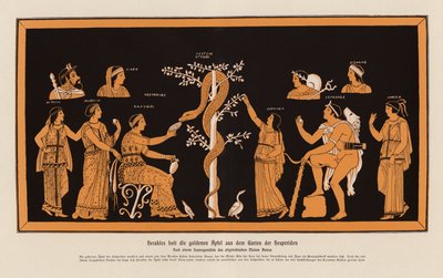 Herakles varastaa kultaiset omenat Hesperidien puutarhasta (värilitografia). tekijältä Asteas Asteas