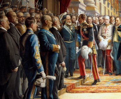 Cortesin avaaminen senaatissa, yksityiskohta Espanjalainen Alfonso XIII (1886-1941) tervehtii Antonio Maura y Montaneria (1853-1925) hänen astuessaan senaattiin 24. kesäkuuta 1920 tekijältä Asterio Mañanós Martínez