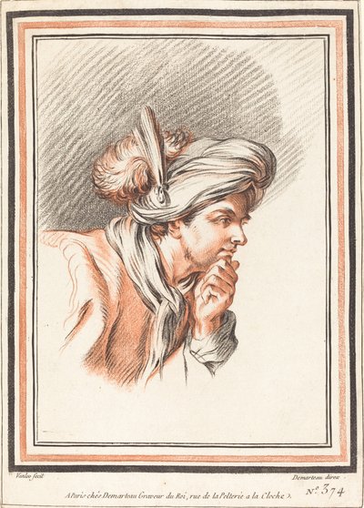 Turbaaniin pukeutuvan miehen pää tekijältä Atelier of Gilles Demarteau the Elder after Carle Van Loo