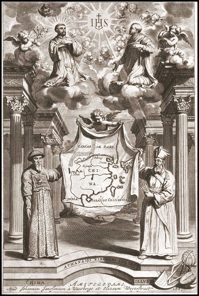 Adam Schall (vasemmalla) ja Matteo Ricci (oikealla) kiinalaisessa mandariiniasussa, Athanase Kircherin (tai Athanasius Kircherin) "China" -elokuvassa tekijältä Athanasius Kircher