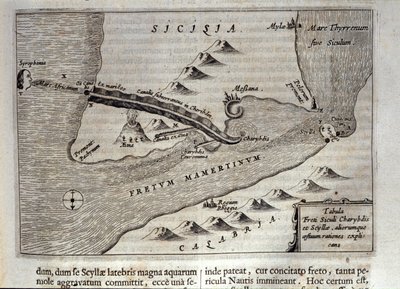 Charybden ja Scyllan kartografinen esitys Messinan Detroitissa, Sisilia tekijältä Athanasius Kircher