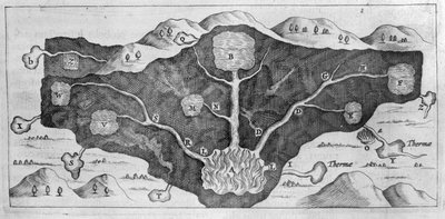 Maankuoren poikkileikkaus, jonka avulla Athanasius Kircher voi osoittaa lämpölähteiden alkuperän tekijältä Athanasius Kircher
