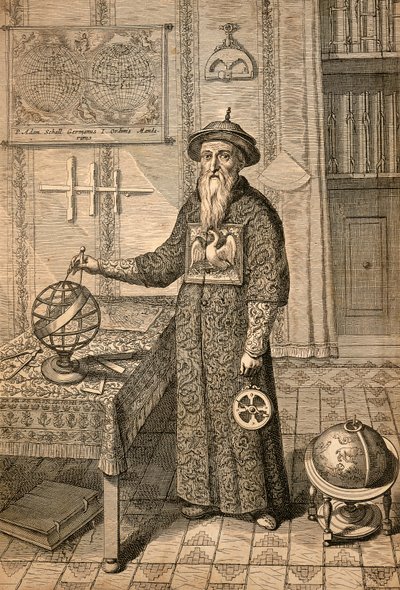 aJesuiita Johann Adam Schall von Bell (1591-1666), Ferdinand Verbiestin edeltäjä, tähtitieteilijä Ming-dynastian hovissa Nanjingissa, pukeutunut mandariinipukuun, Kiinasta monumentis tekijältä Athanasius Kircher