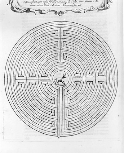 Dedalen suunnittelema Cnossoksen sokkelo - Keskellä on minotaurus - Athanase Kircherin "Turris Babel" - Amsterdam tekijältä Athanasius Kircher