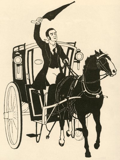 "Ohksiden tarttuminen yhteen käteen ja hevosen yllyttäminen sateenvarjollaan", 1928. tekijältä Athelstan Rusden