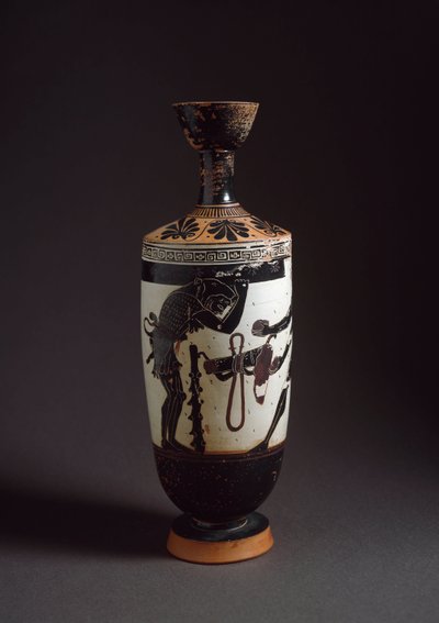 Kreikkalainen taide: "" Herakles ja Atlas"" Yksityiskohta Herakles (Hercules) Lekythos (lecyth) valkoinen toteuttaa Athenen taidemaalari (450-400 eKr.). Athenes, kansallinen arkeologinen museo tekijältä Athena Painter (workshop of)