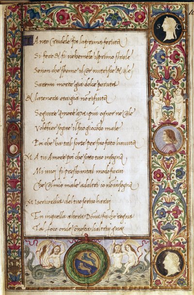 Sivu Francesco Petrarcan (Petrarca) (1304-1374) käsikirjoituksesta "Il canzoniere", jonka Attavante dei Attavanti (1452-1525) on valaissut (ms. cl.VIII.684) 1400-luvun Dim. 19 x 12,7 cm Firenze, kansalliskirjasto. tekijältä Attavante di Gabriello di Vanti di Bartolo