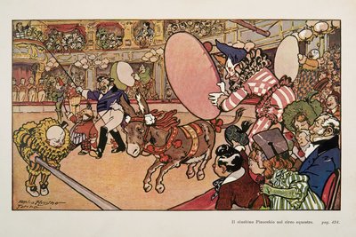 Sirkus ja aasi Pinocchio, kuvitus elokuvasta Pinocchio tekijältä Attilio Mussino