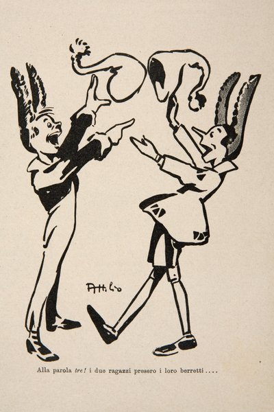Pinocchio ja Candlewick, kuvitus elokuvasta "Pinocchio". tekijältä Attilio Mussino