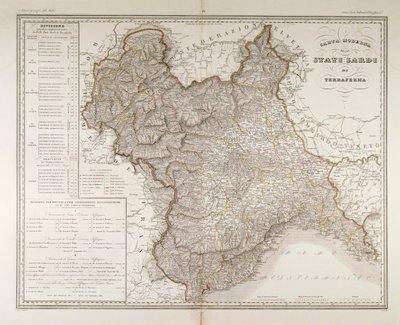 Sardinian osavaltiot mantereella. Attilio Zuccagni-Orlandinin kartta, otettu Italian valtioiden maantieteellisestä atlasista Firenzestä, kaiverrus kupariin tekijältä Attilio Zuccagni Orlandini