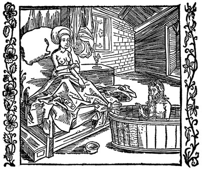 Nainen ja kylpevä erakko. tekijältä attributed to Albrecht Dürer